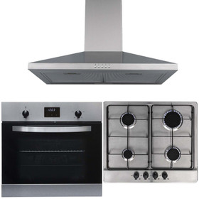 SIA 60cm Stainless Steel Electric True Fan Oven, 4 Burner Gas Hob & Cooker Hood