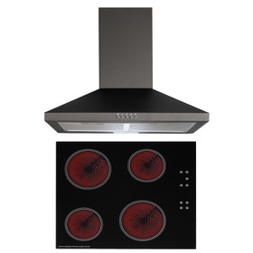 SIA 60cm Black 4 Zone Touch Control Ceramic Hob And Pyramid Chimney Cooker Hood