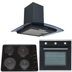 SIA 60cm Single Electric Oven, 4 Zone Solid Plate Hob & Smoked Glass Cooker Hood