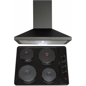 SIA 60cm Black 4 Zone Solid Plate Hob And Chimney Cooker Hood Kitchen Extractor
