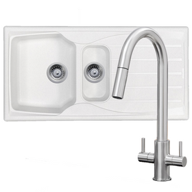 Astracast Sierra 1.5 Bowl White Kitchen Sink & Brushed Nickel Pull-Out Mixer Tap