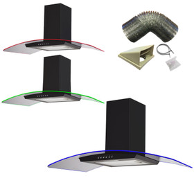 SIA 90cm Black 3 Colour LED Edge Lit Curved Glass Cooker Hood And 3m Ducting Kit