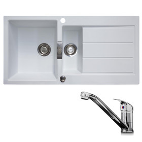 Franke 1.5 Bowl White Reversible Kitchen Sink w/ Waste & Chrome Single Lever Tap