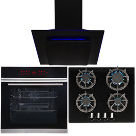 Black Touch Control 13 Function Single Oven, 4 Burner Gas Hob & LED Angled Hood