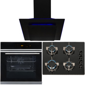 Black Touch Control 10 Function Single Oven, 4 Burner Gas Hob & Angled LED Hood