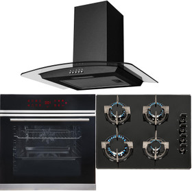 Black Touch Control Pyrolytic Single Fan Oven, 4 Burner Gas Hob & Curved Hood