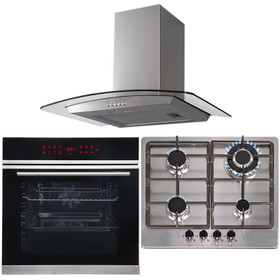 Touch Control 13 Function Single Fan Oven, 4 Burner Steel Gas Hob & Curved Hood