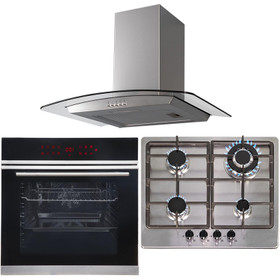 Touch Control Pyrolytic Single Fan Oven, 4 Burner Steel Gas Hob & Curved Hood