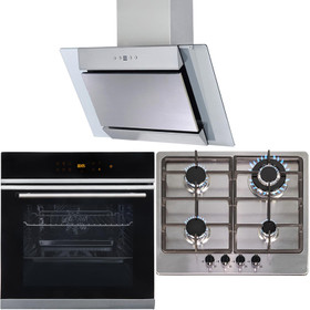 Touch Control 10 Function Single Fan Oven, 4 Burner Steel Gas Hob & Angled Hood