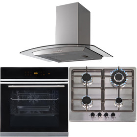 Touch Control 10 Function Single Fan Oven, 4 Burner Steel Gas Hob & Curved Hood