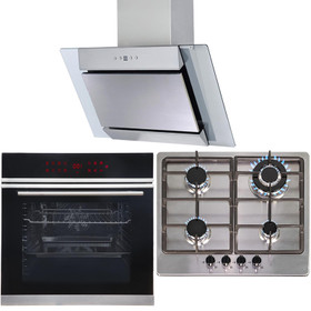 Touch Control Pyrolytic Single Fan Oven, 4 Burner Steel Gas Hob & Angled Hood