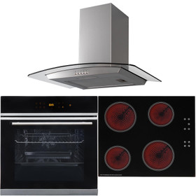Black 10 Function Touch Control Single Fan Oven, 60cm Ceramic Hob & Curved Hood