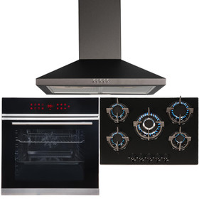 Black 13 Function Single Fan Oven, 70cm 5 Burner Gas Hob & Chimney Cooker Hood