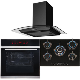 Black 13 Function Single Fan Oven, 70cm 5 Burner Gas Hob & Curved Cooker Hood