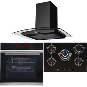 Black Pyrolytic Single Fan Oven, 70cm 5 Burner Gas Hob & Curved Cooker Hood