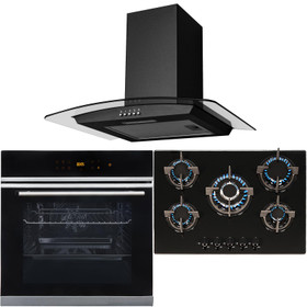 Black 10 Function Single Fan Oven, 70cm 5 Burner Gas Hob & Curved Cooker Hood