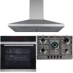 Pyrolytic Single Fan Oven, 70cm 5 Burner Steel Gas Hob & Chimney Cooker Hood