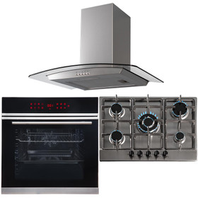 13 Function Single Fan Oven, 70cm 5 Burner Steel Gas Hob & Curved Cooker Hood