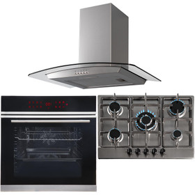 Pyrolytic Single Fan Oven, 70cm 5 Burner Steel Gas Hob & Curved Cooker Hood Fan