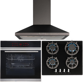 60cm Black Pyrolytic Digital Single Fan Oven, 4 Burner Gas Hob & Chimney Hood