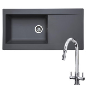 SIA 1.0 Bowl Grey Composite Reversible Inset Kitchen Sink & KT4CH Pull-out Tap