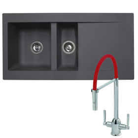 SIA 1.5 Bowl Grey Composite Reversible Inset Kitchen Sink & Red Flexible Tap