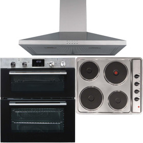 SIA 60cm Stainless Steel Double Built Under Oven, 4 Zone Plate Hob & Cooker Hood