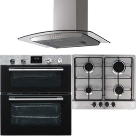 SIA 60cm Stainless Steel Built Under Oven, 4 Gas Burner Hob & Curved Extractor