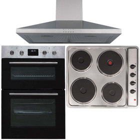 SIA 60cm Stainless Steel Built-in Double Oven, 4 Zone Plate Hob & Chimney Hood