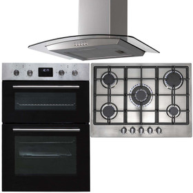 SIA 60cm Stainless Steel Built-in Double Oven, 70cm R6 Gas Hob & Curved Hood Fan