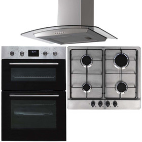 SIA 60cm Stainless Steel Built-in Double Oven, 4 Gas Burner Hob & Curved Hood