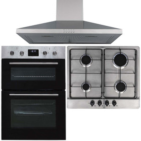 SIA 60cm Stainless Steel Built-in Double Oven, 4 Gas Burner Hob & Chimney Hood