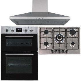 SIA 60cm Stainless Steel Double Built-in Fan Oven, 70cm 5 Gas Hobs & Extractor