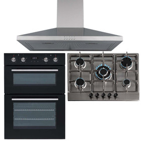 SIA 60cm Black Built In Double Fan Oven, 70cm 5 Burner Gas Hob & Chimney Hood