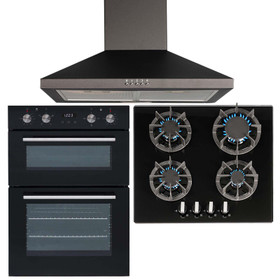 SIA 60cm Double Electric True Fan Oven, 4 burner Gas On Glass Hob & Chimney Hood