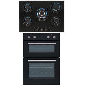 SIA Double Built In Electric Oven & 5 Burner Gas Glass Hob With Enamel Supports