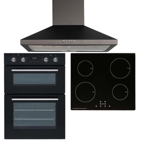 SIA 60cm Black Built-in Double Oven, 4 Zone Induction Hob & Chimney Cooker Hood