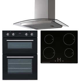 SIA 60cm Black Built-in Oven, 13 Amp Induction Hob & Stainless Steel Curved Hood