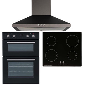 SIA 60cm Black Built-in Double Oven, 13 Amp 4 Zone Induction Hob & Extractor Fan
