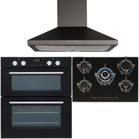 SIA Double Built Under Electric Fan Oven, 5 Burner Gas Glass Hob & Chimney Hood