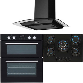 SIA Double Built Under Electric Fan Oven, 5 Burner Gas Hob &Curved Cooker Hood