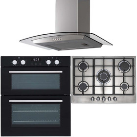 SIA 60cm Black Built Under Double Fan Oven, 70cm 5 Burner Gas Hob & Curved Hood