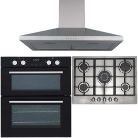 SIA 60cm Black Built Under Double Fan Oven, 70cm 5 Burner Gas Hob & Chimney Hood