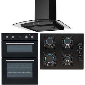 SIA 60cm Black Built In Double Oven, 4 Burner Gas Hob &Curved Glass Hood Fan