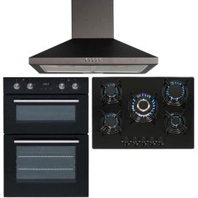 SIA Double Built In Electric Fan Oven, 5 Burner Gas Hob And Chimney Cooker Hood