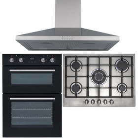 SIA 60cm Black Double Built In Oven, 70cm 5 Burner Gas Hob & Chimney Cooker Hood