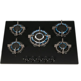 SIA GHG703BL 70cm Black 5 Burner Gas On Glass Hob With Cast Iron Pan Stands