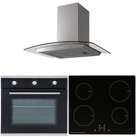 SIA 60cm Black Single Oven, 4 Zone Induction Hob & Stainless Steel Curved Hood