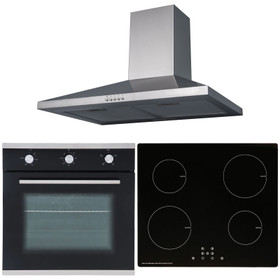 SIA 60cm Black Single Oven, 13 Amp Induction Hob And Stainless Steel Cooker Hood