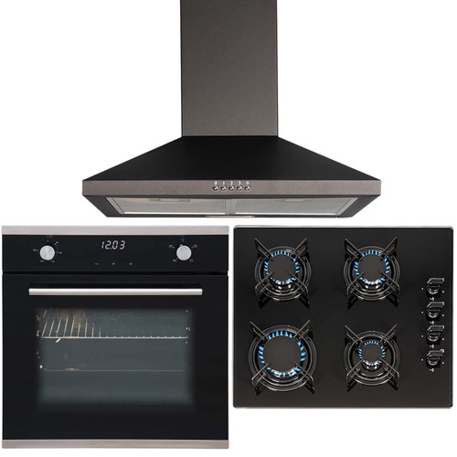 SIA 60cm Black Touch Control Single Fan Oven, 4 Burner Gas Hob & Cooker Hood Fan